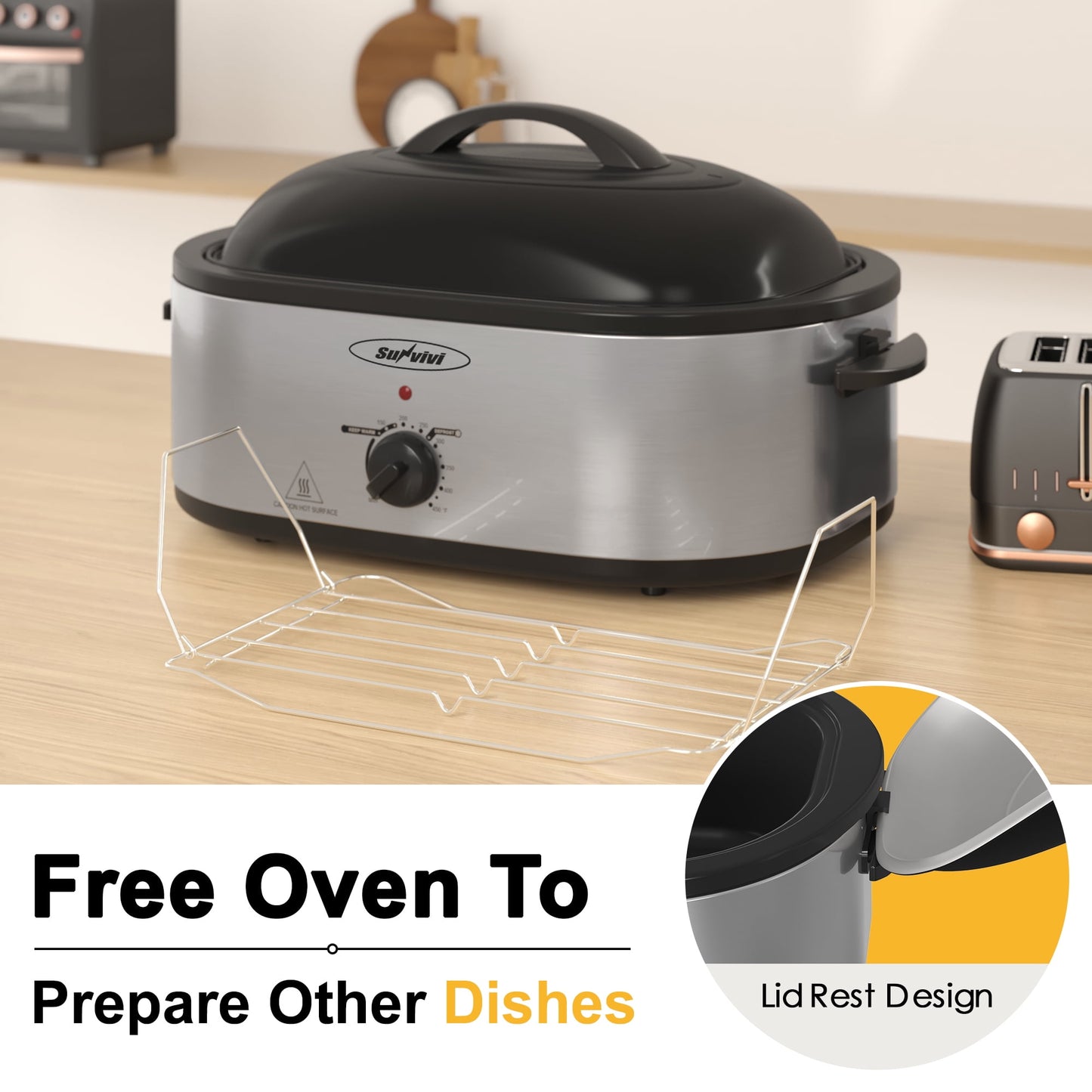 Sunvivi 18 Quart Electric Roaster Oven with Removable Pan, 150 to 450¡ãF Temperature Control, and Cool-Touch Handles, Silver