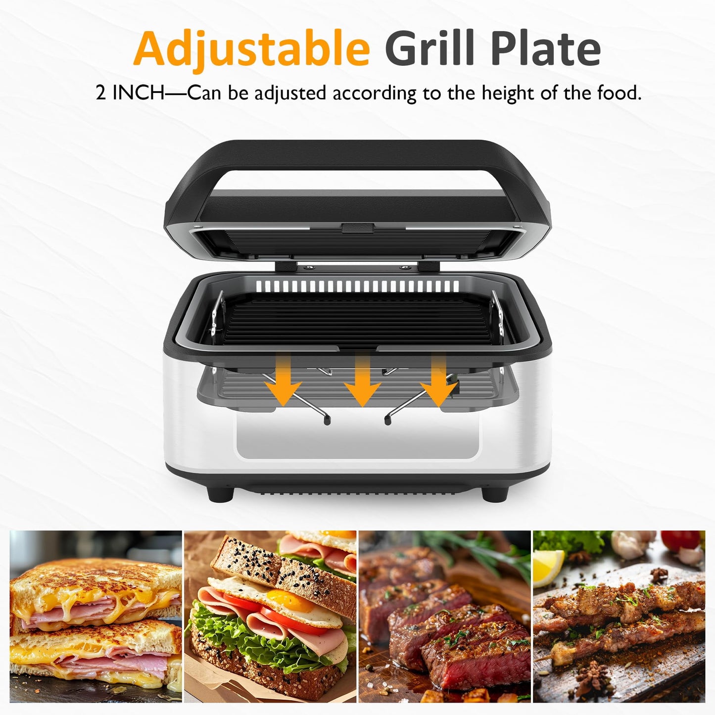 Sunvivi 1300W Smokeless Indoor Grill, Electric Panini Press Sandwich Maker with Auto-Lift, Fan, Independent Upper Heating, and Smart Time & Temperature Control, Removable Non-Stick Plates
