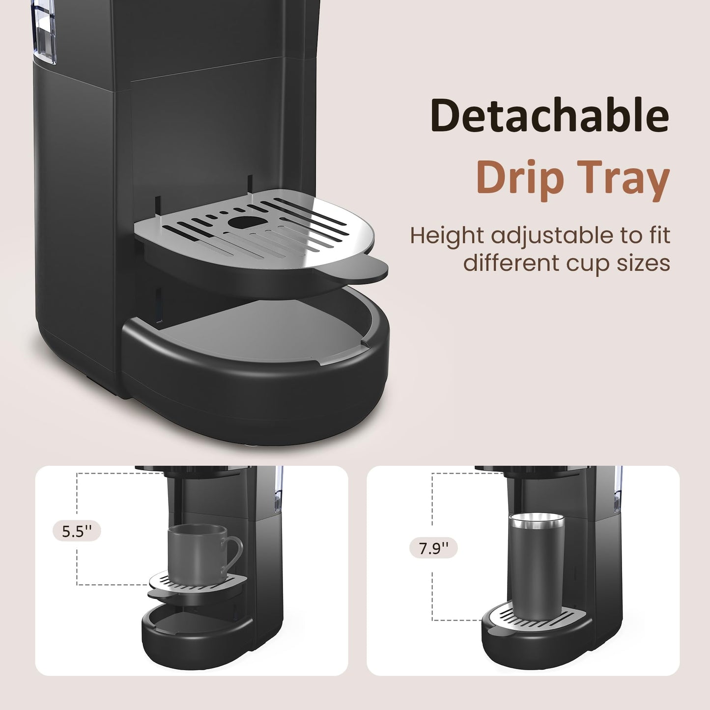 Sunvivi Single Serve Coffee Maker, Coffee Brewer with 3 Brewing Options for K Cup Pod or Ground Coffee, 30oz Removable Water Reservoir , Black