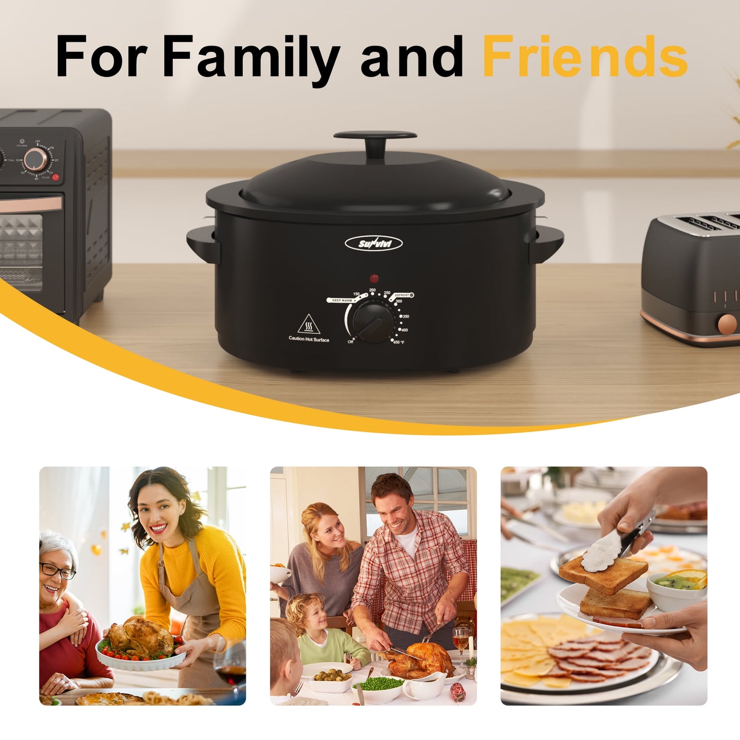 Sunvivi Roaster Oven with Self-Basting Lid, 8qt Electric Roaster with Removable Pan & Rack, Turkey Roaster Oven with Defrost & Warm Function, Stainless Steel, Black