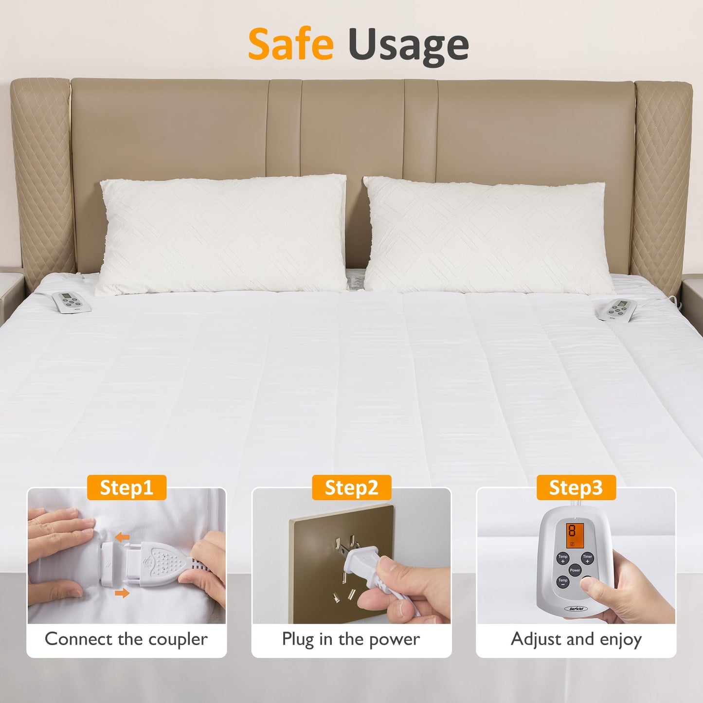 Sunvivi King Size Heated Mattress, Electric Bed Mattress Pad with 12-Hour Timer & 10 Heat Settings, Full Bed Warmer with Dual Controller, Machine Washable, 78in x 80in