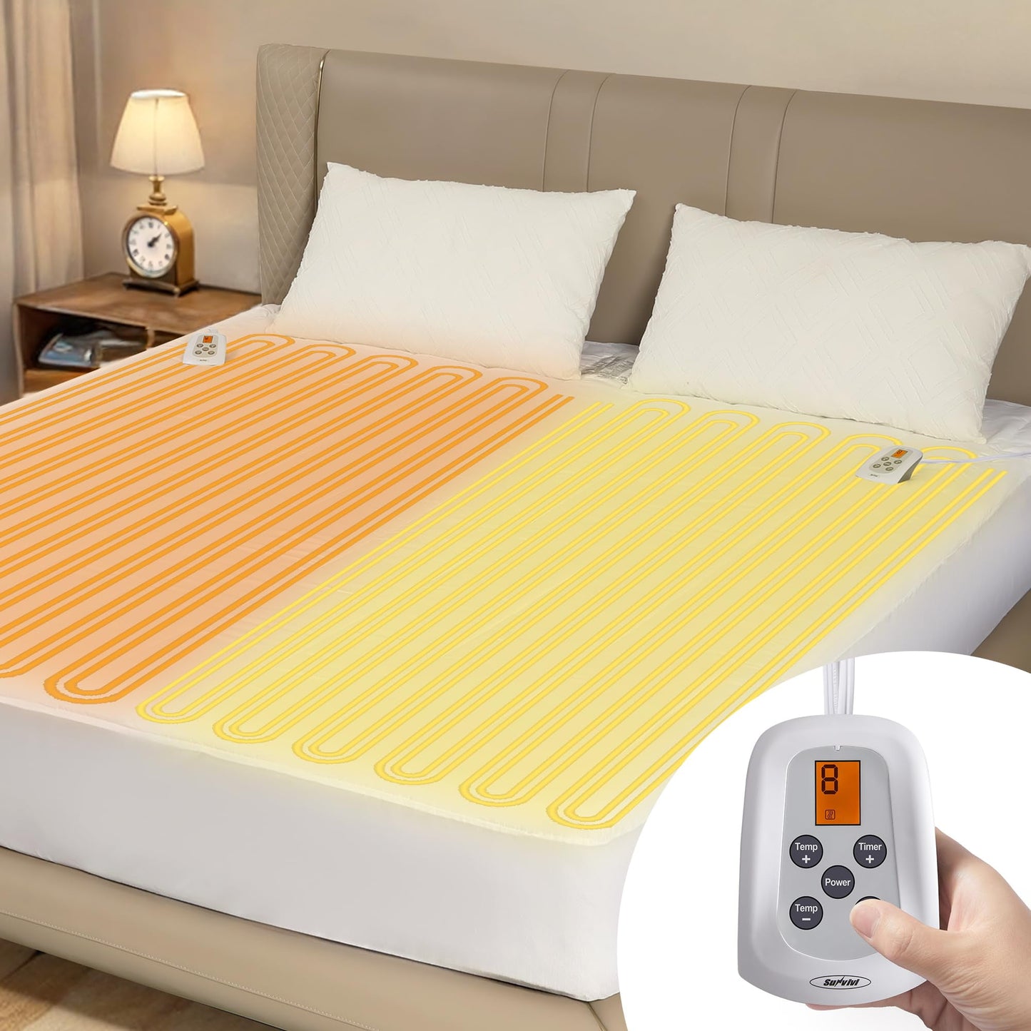 Sunvivi King Size Heated Mattress, Electric Bed Mattress Pad with 12-Hour Timer & 10 Heat Settings, Full Bed Warmer with Dual Controller, Machine Washable, 78in x 80in