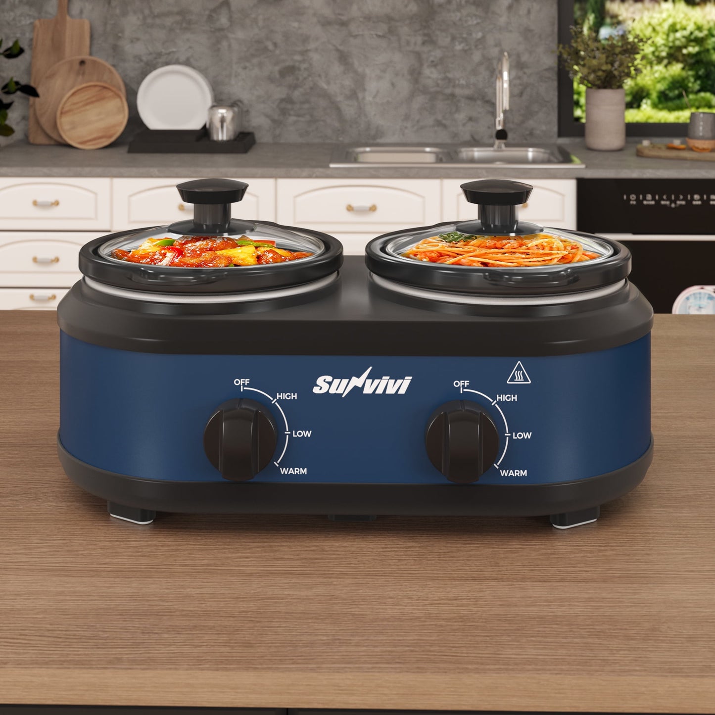 Sunvivi Dual Slow Cooker Buffet Server with 2 Removable Pots and 3 Temps - 2 x 1.25 Qt, Blue