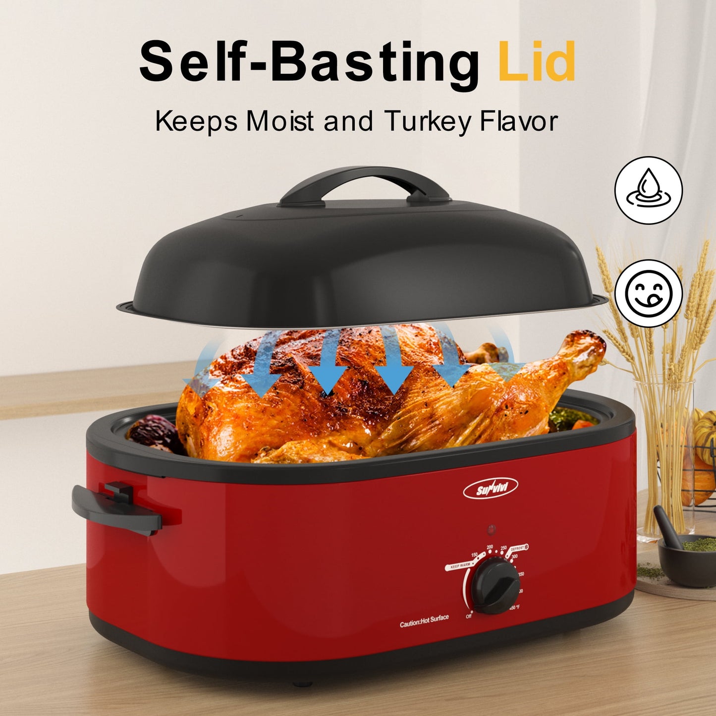 Sunvivi 18QT Roasting Oven with Self-Basting Lid Removable Pan, 150 to 450F Temperature Control Cool-Touch Handles,Red