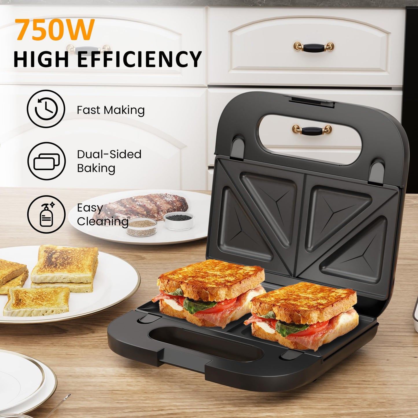 SUNVIVI Sandwich Maker Panini Press Waffle Maker with 3-in-1 - Removable Plates, 750W