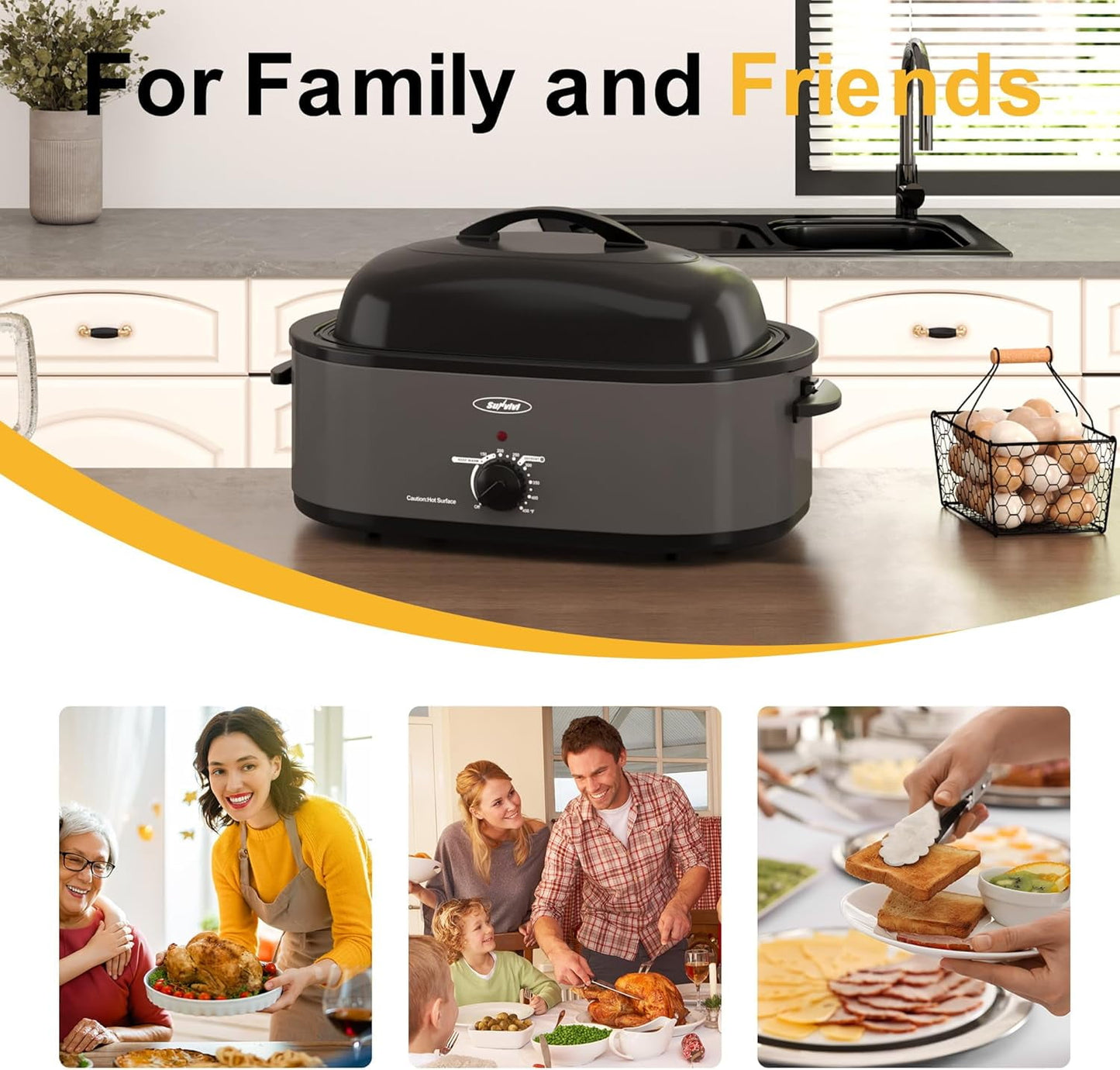 Sunvivi 18QT Roasting Oven with Self-Basting Lid Removable Pan, 150 to 450F Temperature Control Cool-Touch Handles,Grey