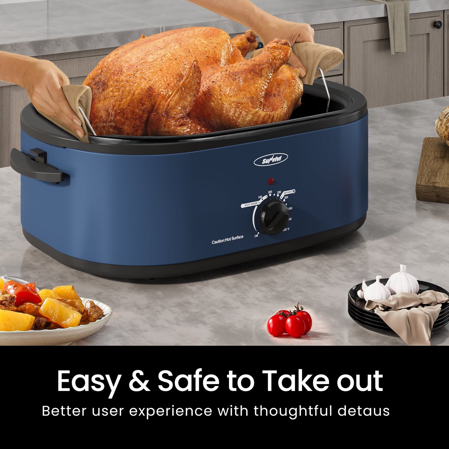 Sunvivi Roaster Oven with Self-Basting Lid, 18qt Electric Roaster with Removable Pan & Rack, Turkey Roaster Oven with Defrost & Warm Function, Stainless Steel, Blue