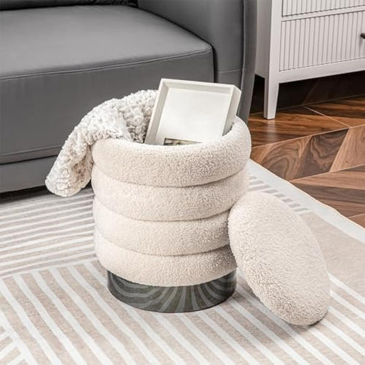 RoyalCraft Round Ottomans with Storage, Fully Assembled White Sherpa Vanity Stool Chair, 22QT Large Storage Footrest Stool, Support 200lbs Padded Seat for Bedroom, Living Room, Office and Study Room