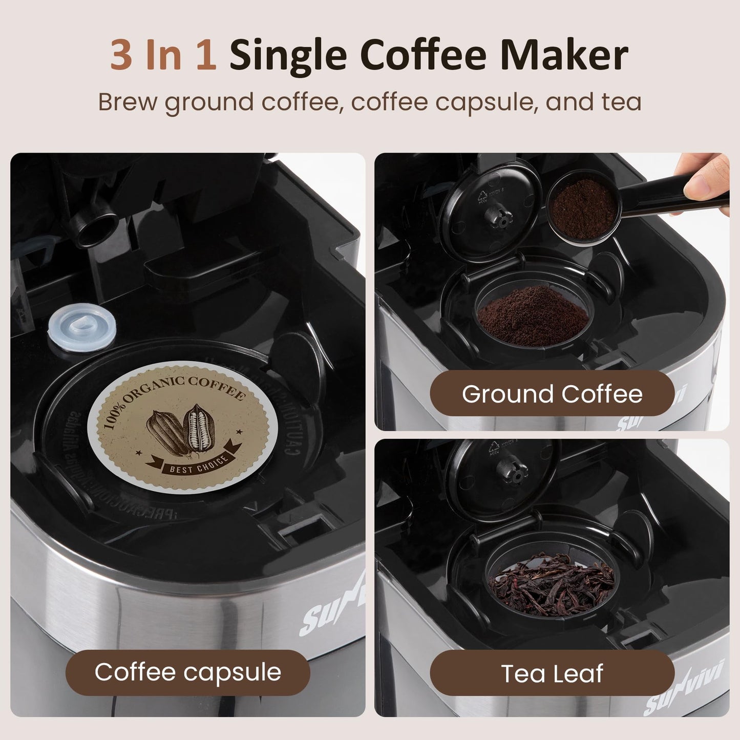 Sunvivi Single Serve Coffee Maker, Coffee Brewer with 3 Brewing Options for K Cup Pod or Ground Coffee, 30oz Removable Water Reservoir , Black