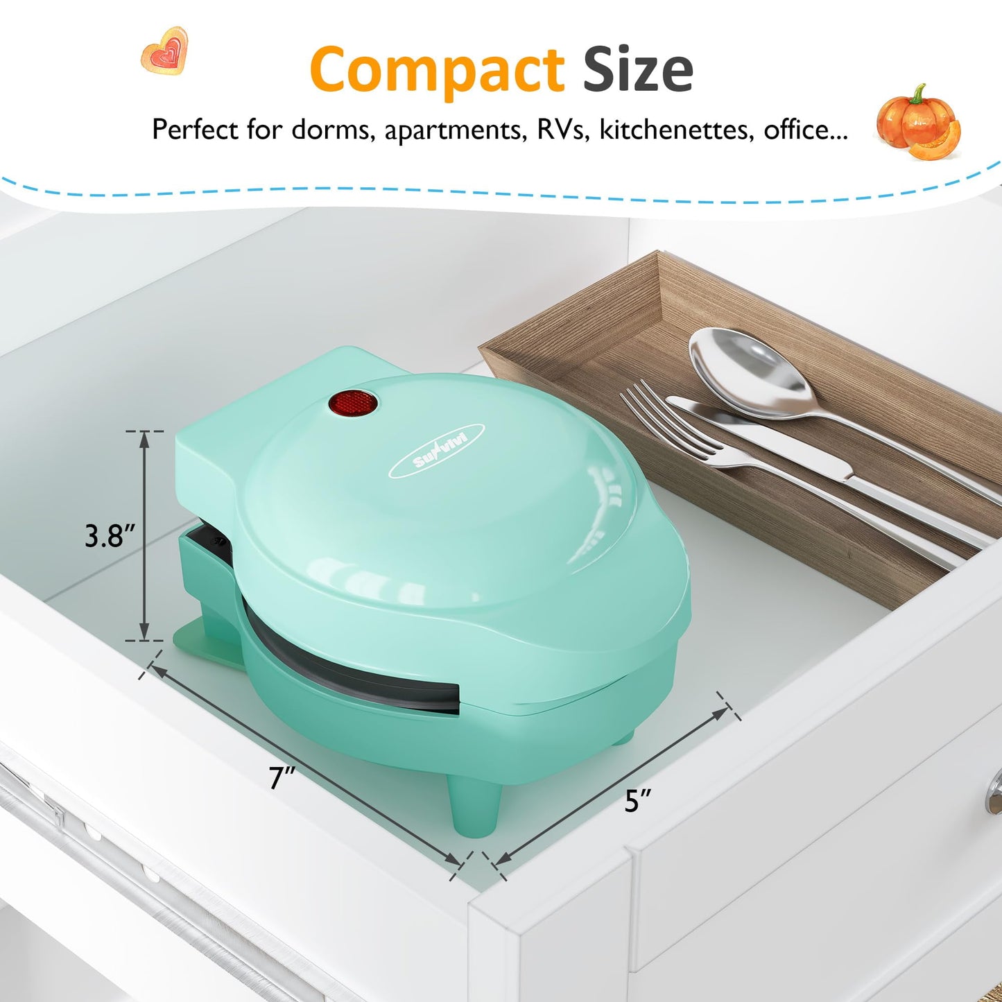Sunvivi 6 in1 Mini Waffle Maker, 4¡± Waffle Iron with Removable Non-stick Plates, Perfect Mini Waffle Maker for Kids and Families, Light Blue