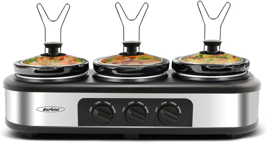 Triple Slow Cooker, Food Warmer Buffet Servers with 3 Spoons, Removable Lids & Spoon Rests, Perfect Gift for Christmas, for Parties, Entertaining & Holidays