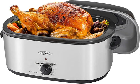 Roaster Oven with Self-Basting Lid, Electric Roaster with Removable Pan & Rack, 150-450°F Full-Range Temperature Control with Defrost/Warm Function, Stainless Steel, Silver