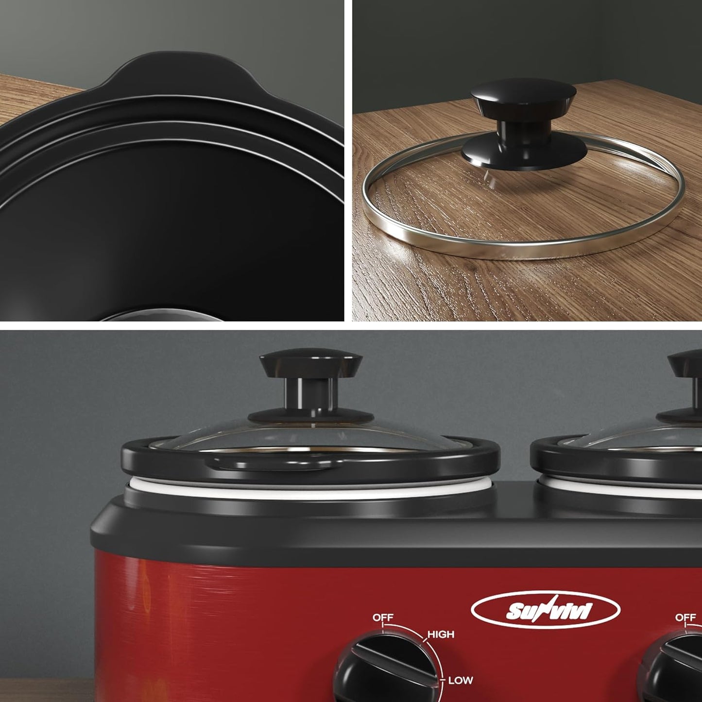 Sunvivi Dual Pot Slow Cooker, 2 Pot Small Mini Crock Buffet Server and Warmer, Upgraded Oval Ceramic Double Pot Buffet Food Warmer Adjustable Temp Glass Lid, Total 2.5 Quarts