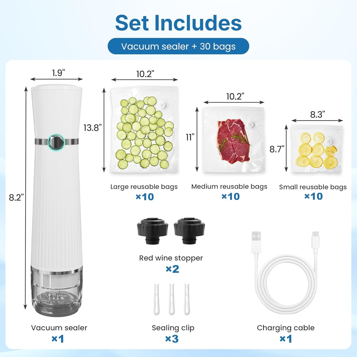 Sunvivi Portable Vacuum Sealer Machine for Food Storage & Preservation ¨C Compact, Rechargeable, Automatic Air Sealing System with Reusable Bags & Kitchen Accessories ¨C Handheld Food Saver for Home, Travel, Freezer, Sous Vide