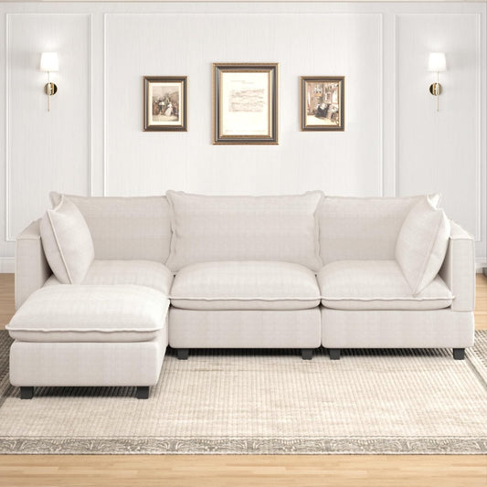 RoyalCraft Convertible Sectional Sofa Couch, 3 Seat L-Shaped Sofa Bed with Movable Ottoman, Corduroy Fabric Modular Sectional Sofa with Chaise, for Living Room, Office, Apartment, Beige