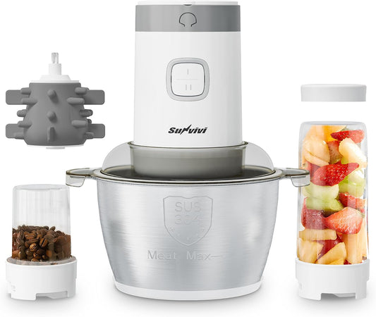 Sunvivi 4-IN-1 Food Processor: Electric Chopper for Meat Grinder, Vegetable Chopper, Juicer, Garlic Peeler & Coffee Grinder, 350W Portable Blender with 2 Speeds, Stainless Steel Bowl, 2 Cups