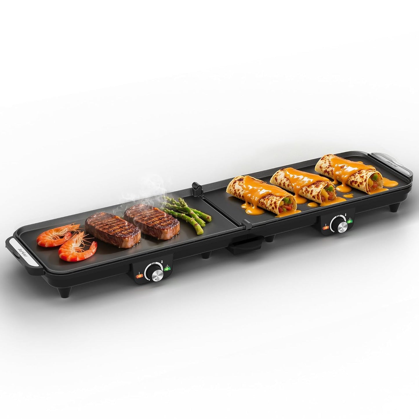 Sunvivi Electric Griddle Flat Grill: Indoor Grill with 2 Adjustable Temp Knobs, Nonstick Cooking Plate, Large Grill Pan with Drip Tray, 2 Cooking Zone , Easy to Clean