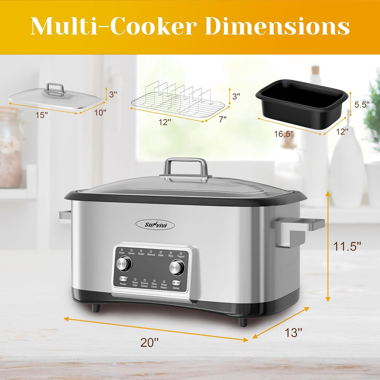 Sunvivi 8 Quart Slow Cooker Roaster Oven, 12 in 1 Programmable Multi-Cooker Food Warmer with Digital Timer, Temp Control, Removable Cast Aluminum Pot & Dishwasher-Safe Tempered Glass Lid