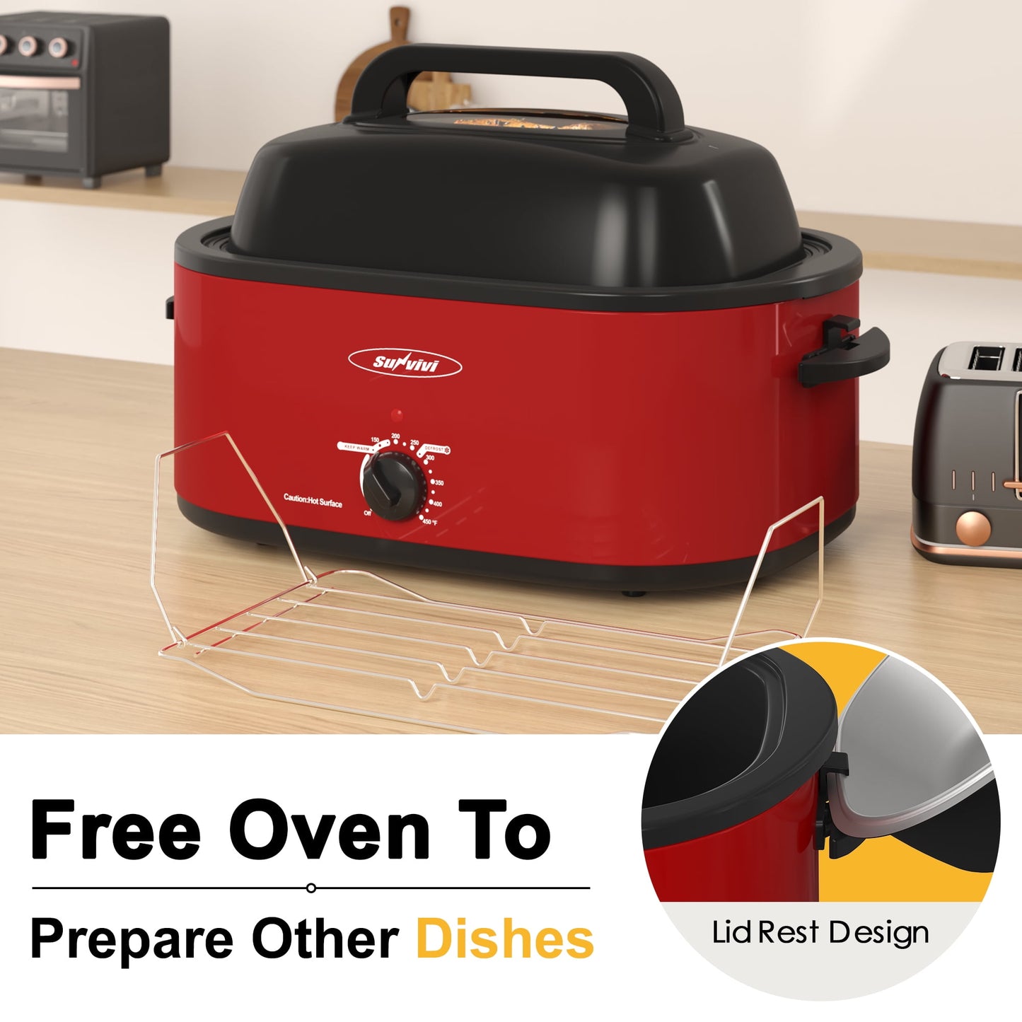 Sunvivi 24 Quart Electric Turkey Roaster Oven with Visible Glass Lid,Removable Pan & Rack, Stainless Steel,Red