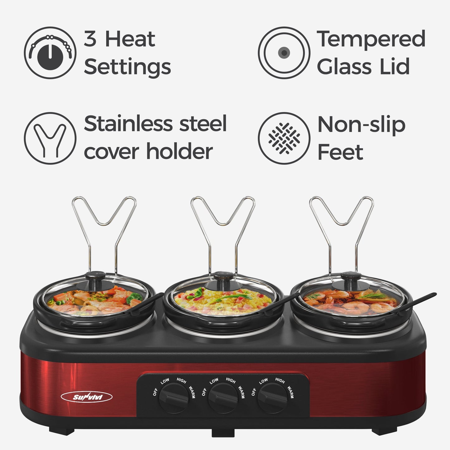 Sunvivi Triple Slow Cooker Buffet Servers and Warmer,3 Pot Food Small Mini Manual Slow Cooker with Adjustable Temp Stainless Steel Lid Rests,Removable Ceramic Pot,4.5 QT Red