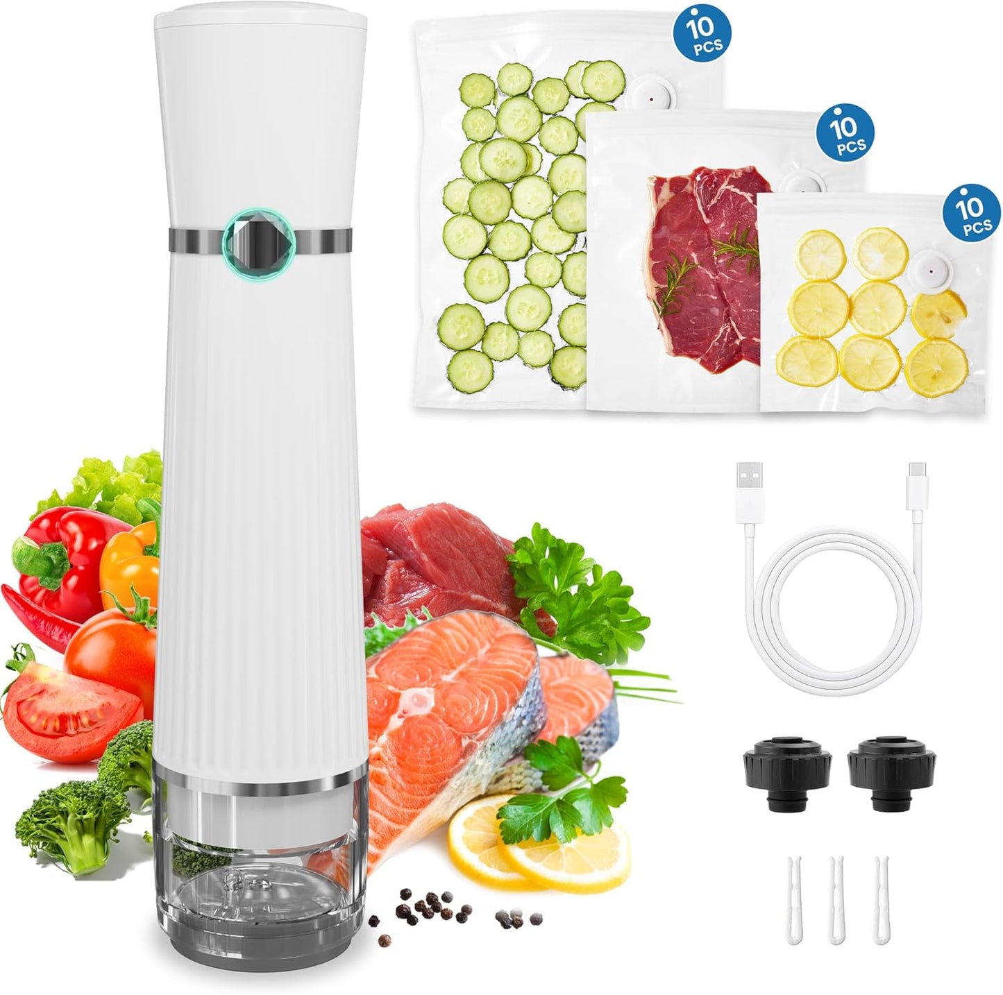Sunvivi Portable Vacuum Sealer Machine for Food Storage & Preservation ¨C Compact, Rechargeable, Automatic Air Sealing System with Reusable Bags & Kitchen Accessories ¨C Handheld Food Saver for Home, Travel, Freezer, Sous Vide