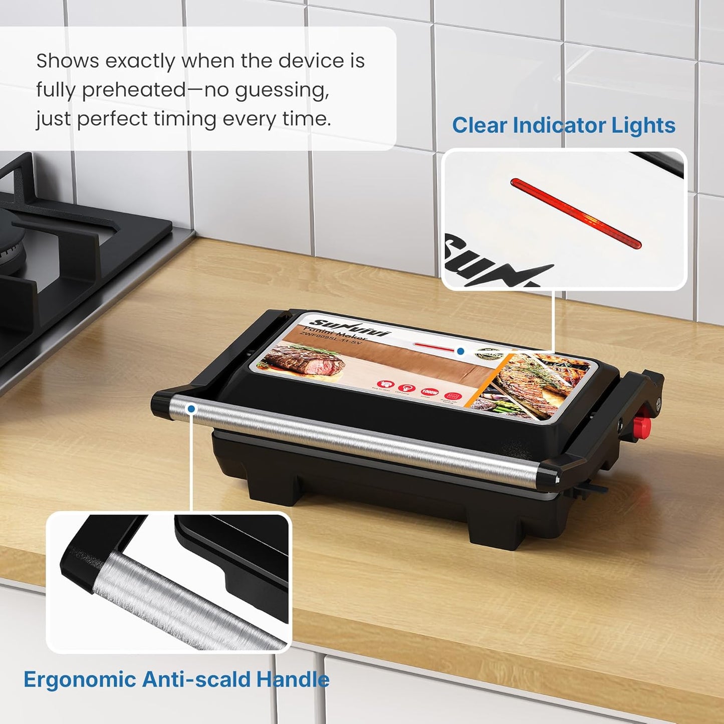 Sunvivi Panini Press Sandwich Maker: Electric Panini Press Grill with Locking Lid, Portable Indoor Panini Maker with Nonstick Plates, 1000W Double-sided Grill with 180¡ã Flat Opening, Easy to Clean