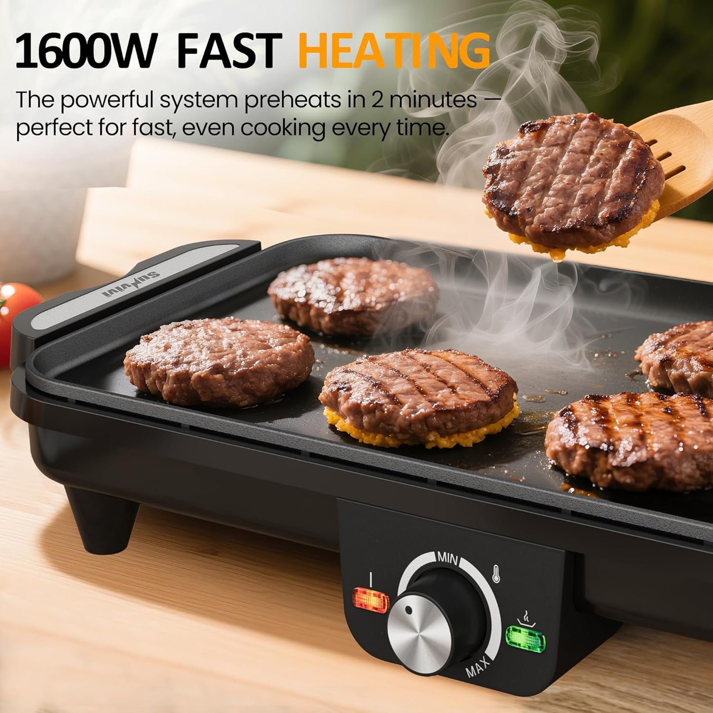 Sunvivi Electric Griddle Flat Grill: Indoor Grill with 2 Adjustable Temp Knobs, Nonstick Cooking Plate, Large Grill Pan with Drip Tray, 2 Cooking Zone , Easy to Clean