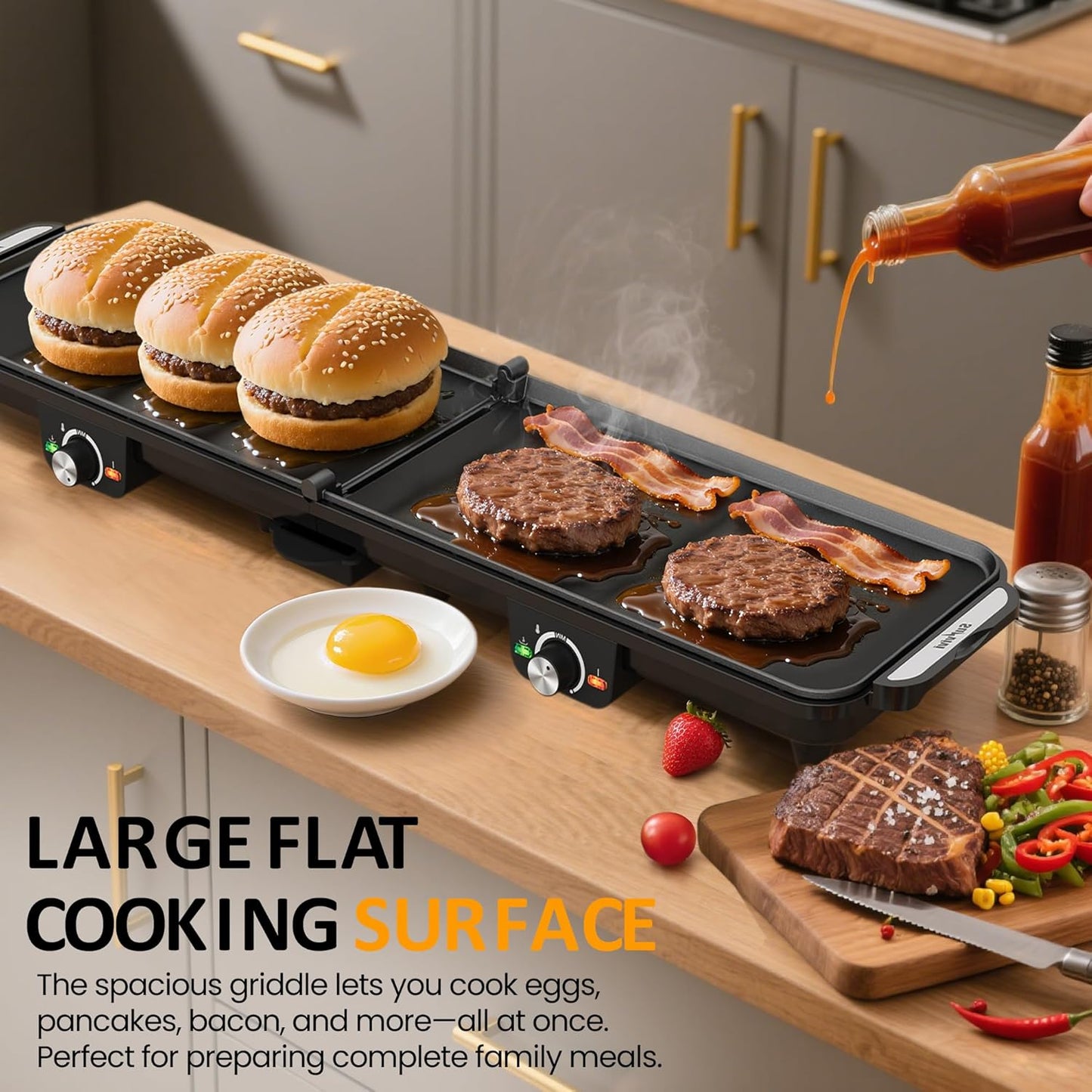Sunvivi Electric Griddle Flat Grill: Indoor Grill with 2 Adjustable Temp Knobs, Nonstick Cooking Plate, Large Grill Pan with Drip Tray, 2 Cooking Zone , Easy to Clean
