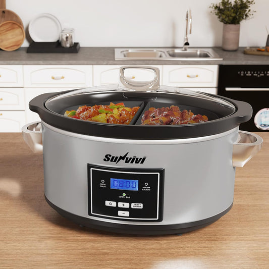 Sunvivi 6 Quart Programmable Slow Cooker with 2 in 1 Silicone Liners