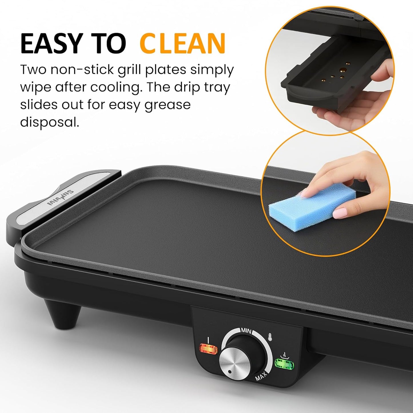 Sunvivi Electric Griddle Flat Grill: Indoor Grill with 2 Adjustable Temp Knobs, Nonstick Cooking Plate, Large Grill Pan with Drip Tray, 2 Cooking Zone , Easy to Clean