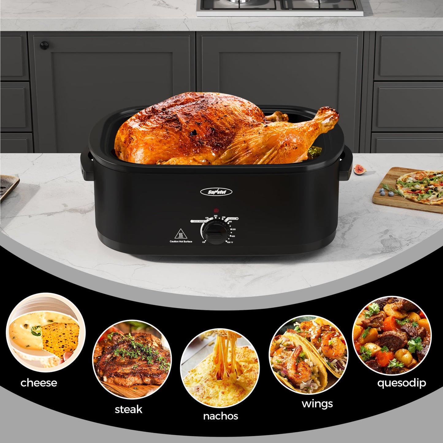 Sunvivi Roaster Oven with Self-Basting Lid, 18qt Electric Roaster with Removable Pan & Rack, Turkey Roaster Oven with Defrost & Warm Function, Stainless Steel, Black