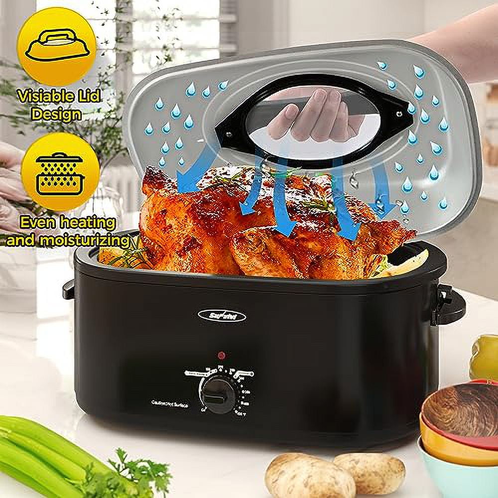 SUNVIVI 20 Quart Turkey Electric Roaster Oven with Self-Basting Lid, Stainless Steel, Black
