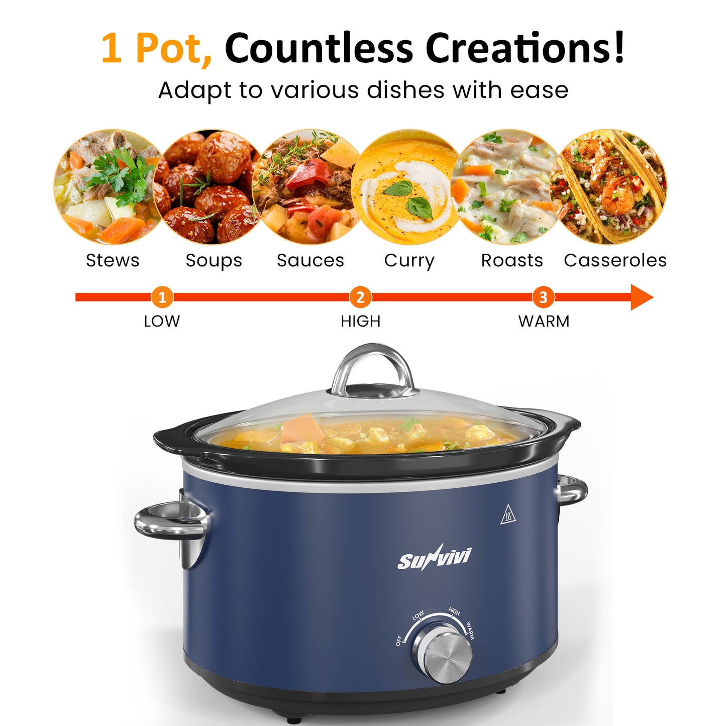 Sunvivi 4QT Compact Slow Cooker & Food Warmer with 3 Temperature Settings, Removable Ceramic Pot, Dishwasher-Safe Glass Lid, Stainless Steel - Blue