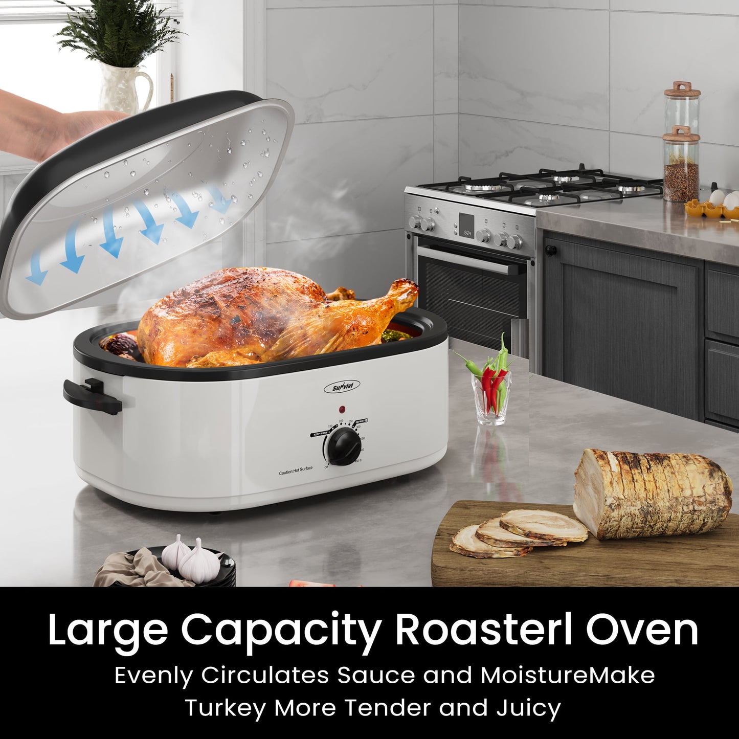 Sunvivi Roaster Oven with Self-Basting Lid, 18qt Electric Roaster with Removable Pan & Rack, Turkey Roaster Oven with Defrost & Warm Function, Stainless Steel, White