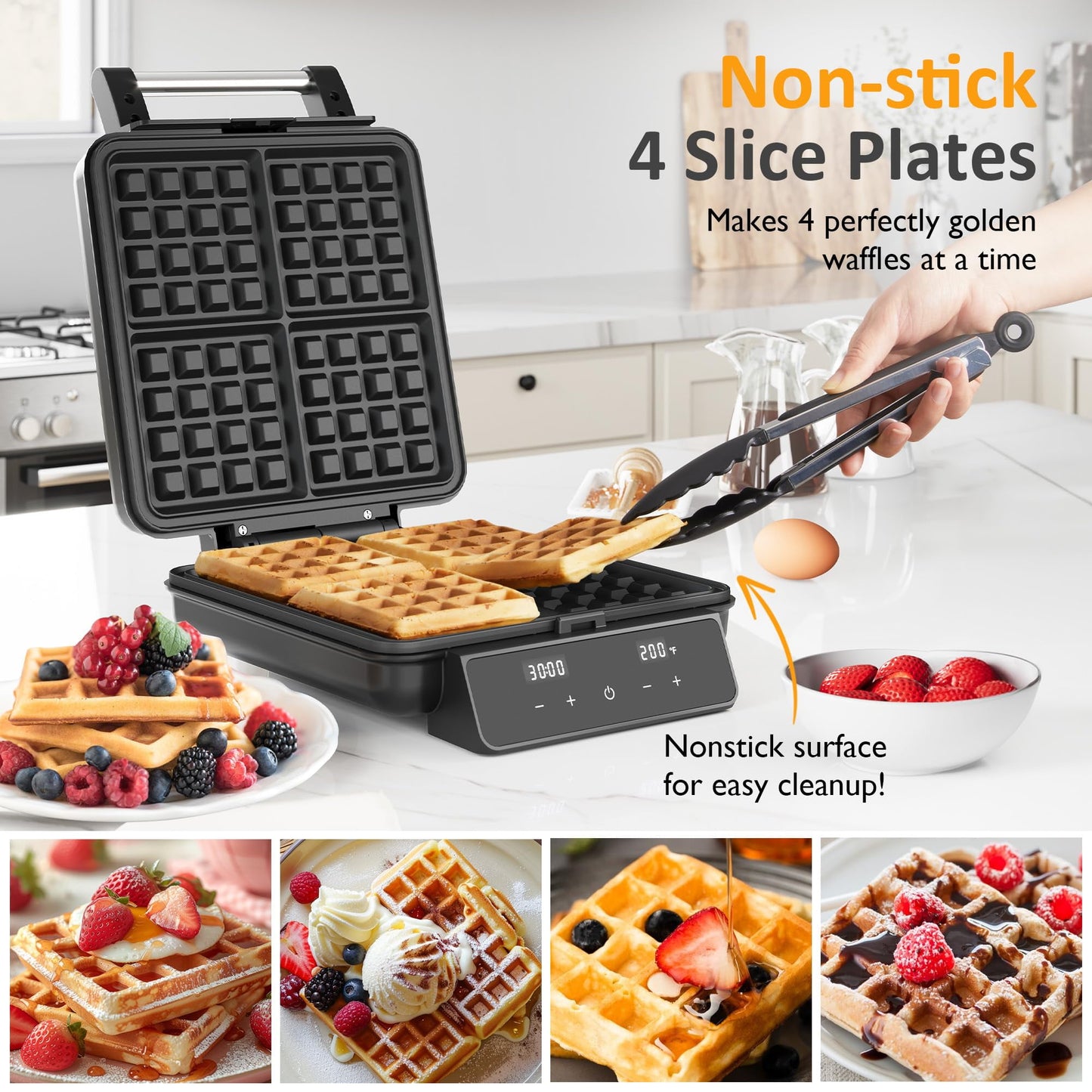 SUNVIVI 4-in-1 Waffle Maker: Quick Heat-Up, Nonstick, 4 Slices, Stainless Steel