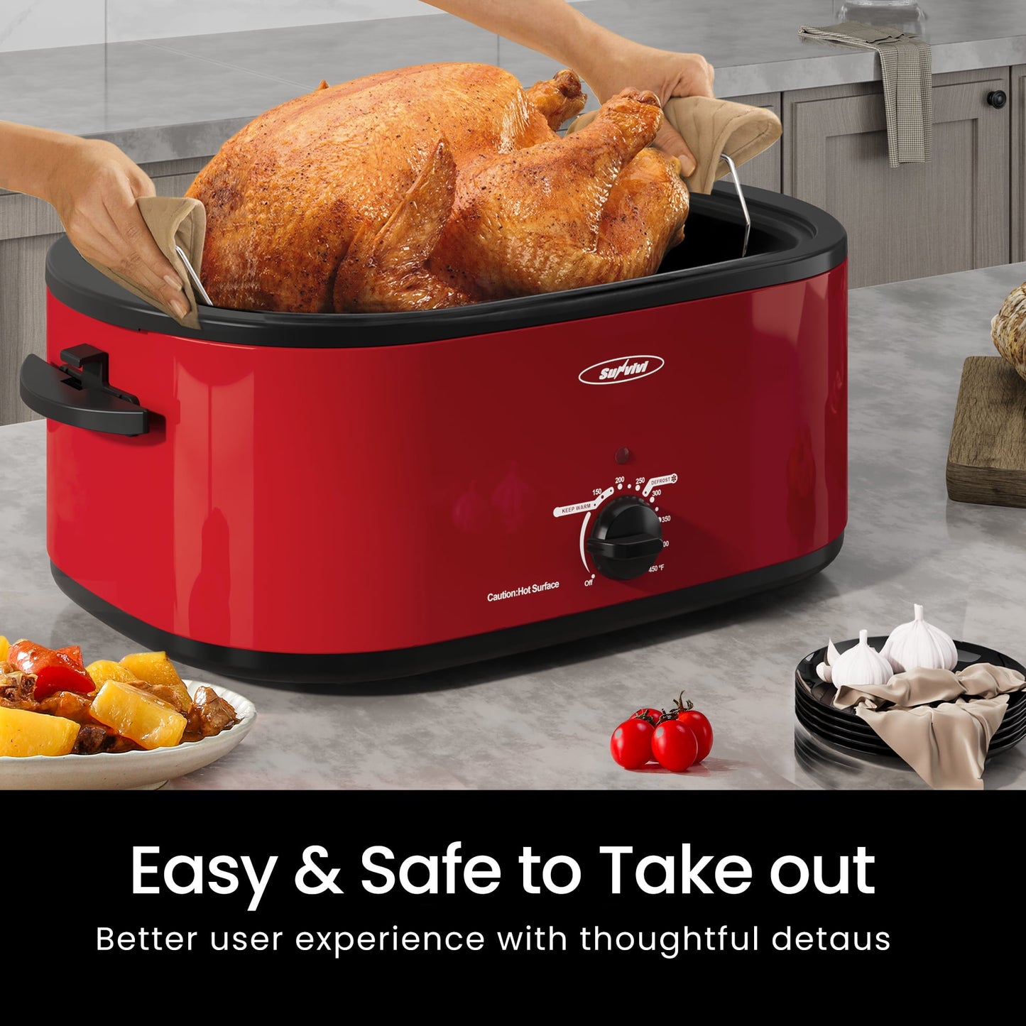 Sunvivi Roaster Oven with Self-Basting Lid, 22qt Electric Roaster with Removable Pan & Rack, Turkey Roaster Oven with Defrost & Warm Function, Stainless Steel, Red