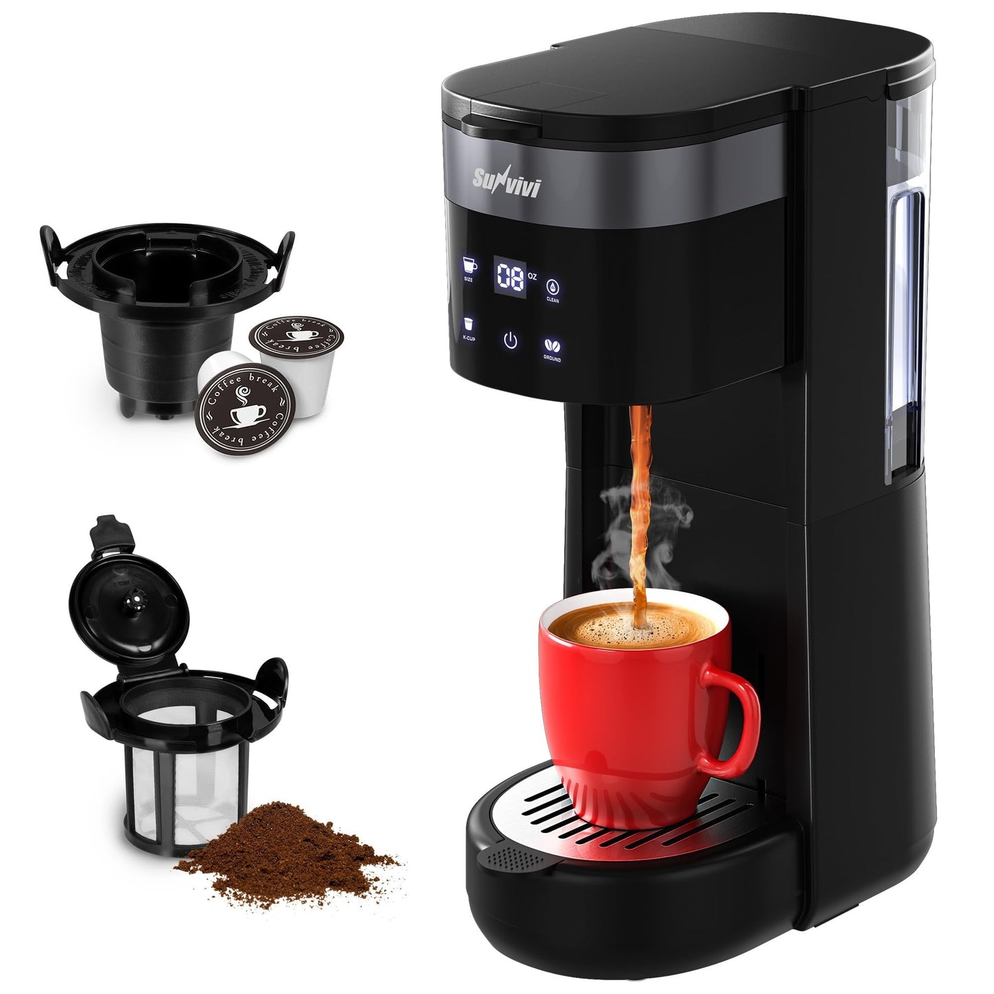 Sunvivi Single Serve Coffee Maker, Coffee Brewer with 3 Brewing Options for K Cup Pod or Ground Coffee, 30oz Removable Water Reservoir , Black