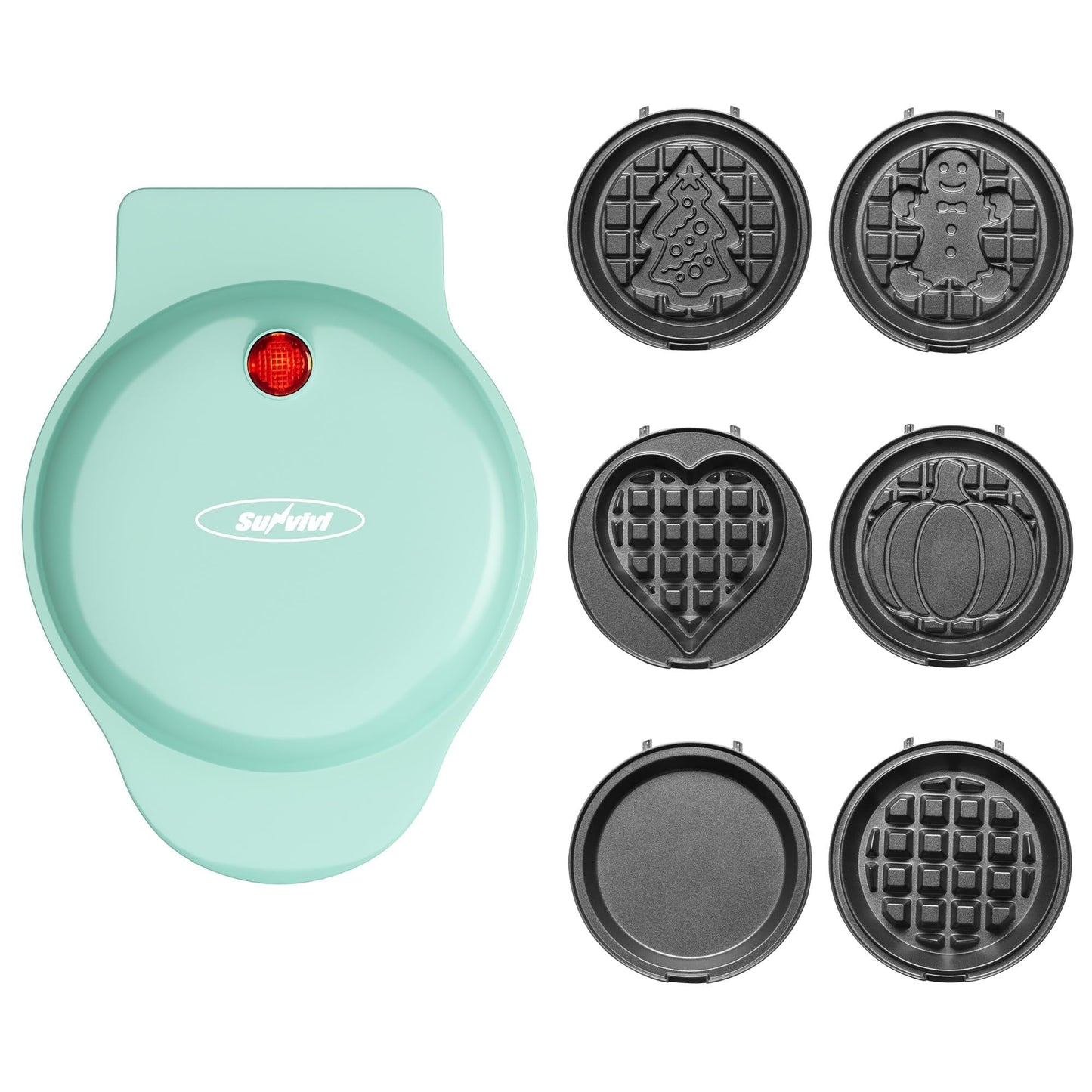 Sunvivi 6 in1 Mini Waffle Maker, 4¡± Waffle Iron with Removable Non-stick Plates, Perfect Mini Waffle Maker for Kids and Families, Light Blue