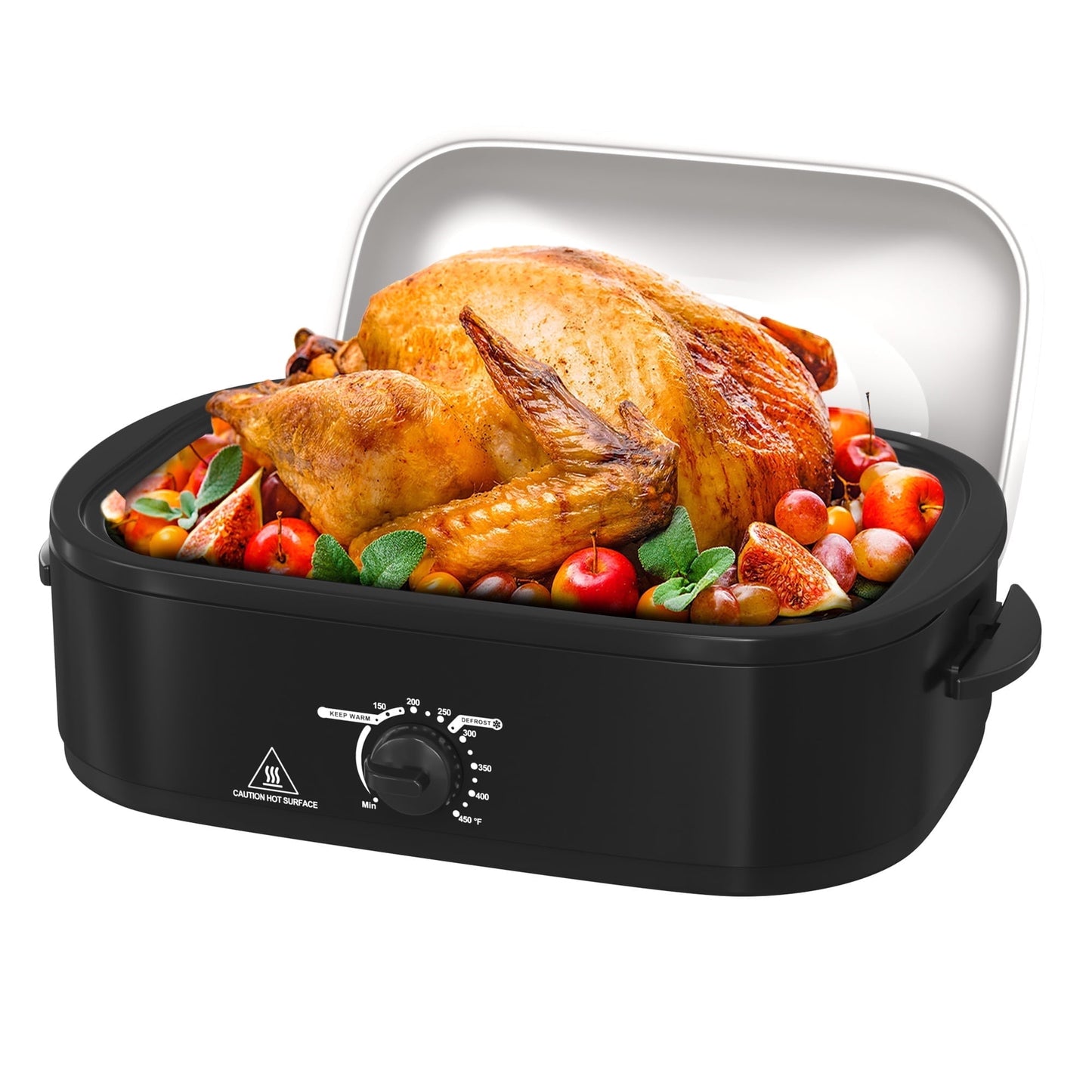 Sunvivi Roaster Oven with Self-Basting Lid, 14qt Electric Roaster with Removable Pan & Rack, Turkey Roaster Oven with Defrost & Warm Function, Stainless Steel, Black