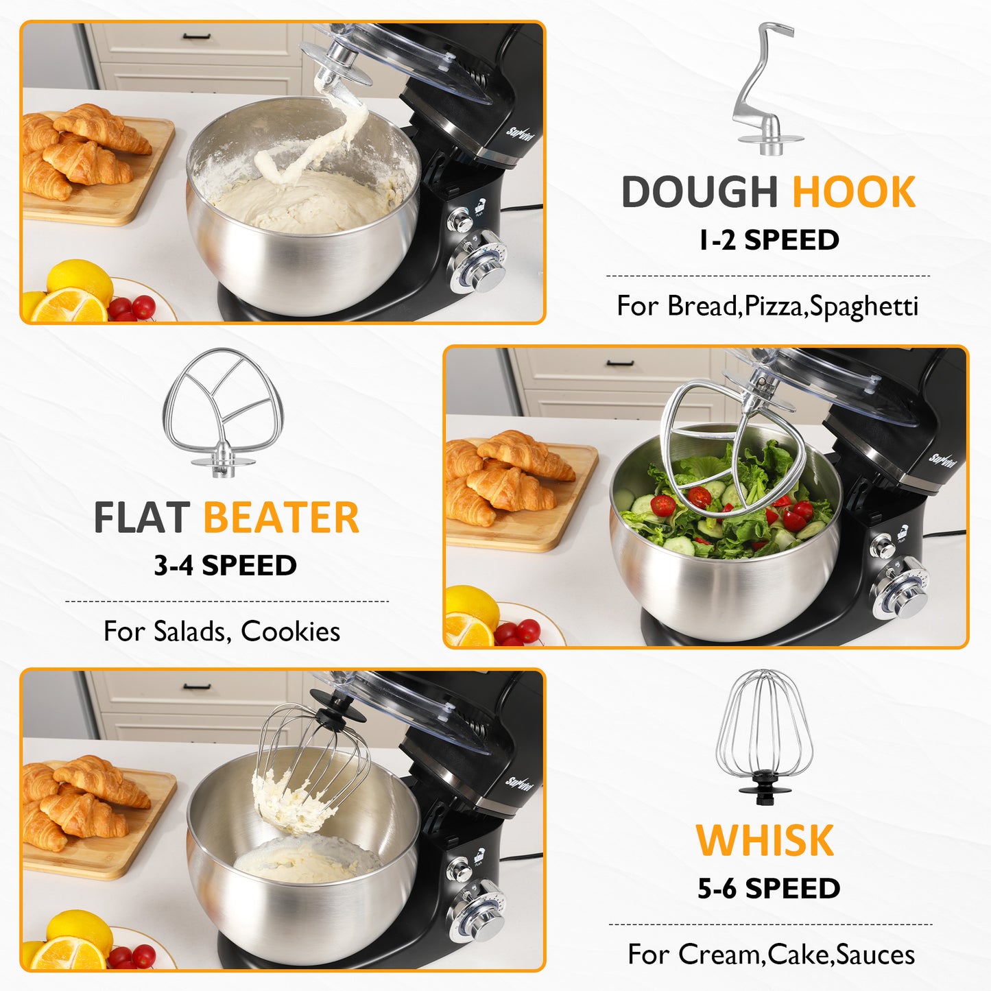 Sunvivi 3-in-1 Multifuctional Stand Mixer: 400W Kitchen Electric Mixer with 6 Speeds, Tilt-Head, 6.5QT Dough Mixer Machine with Stainless Steel Bowl, Dough Hook, Beater, Whisk, Meat Grinder, Juice Blender – Ideal for Baking, Cooking