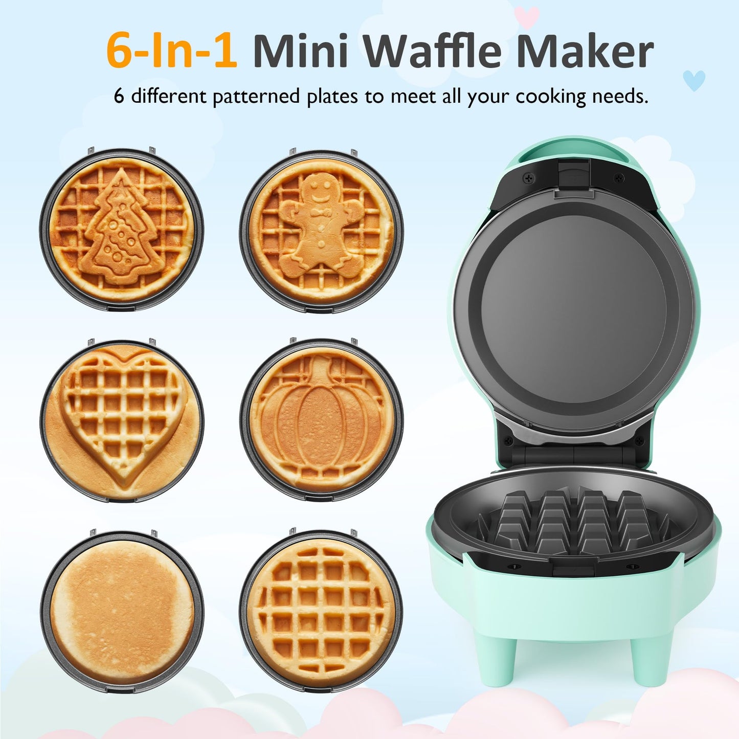 Sunvivi 6 in1 Mini Waffle Maker, 4¡± Waffle Iron with Removable Non-stick Plates, Perfect Mini Waffle Maker for Kids and Families, Light Blue