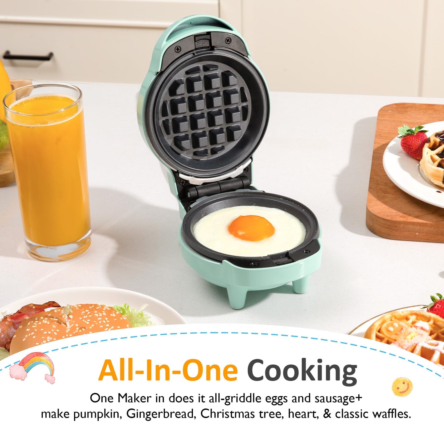 Sunvivi 6 in1 Mini Waffle Maker, 4¡± Waffle Iron with Removable Non-stick Plates, Perfect Mini Waffle Maker for Kids and Families, Light Blue