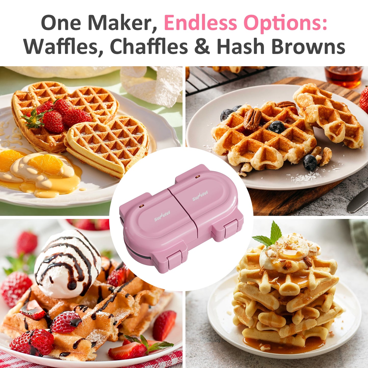 Sunvivi Double Waffle Maker with Removable Nonstick Plates and One-Touch Control