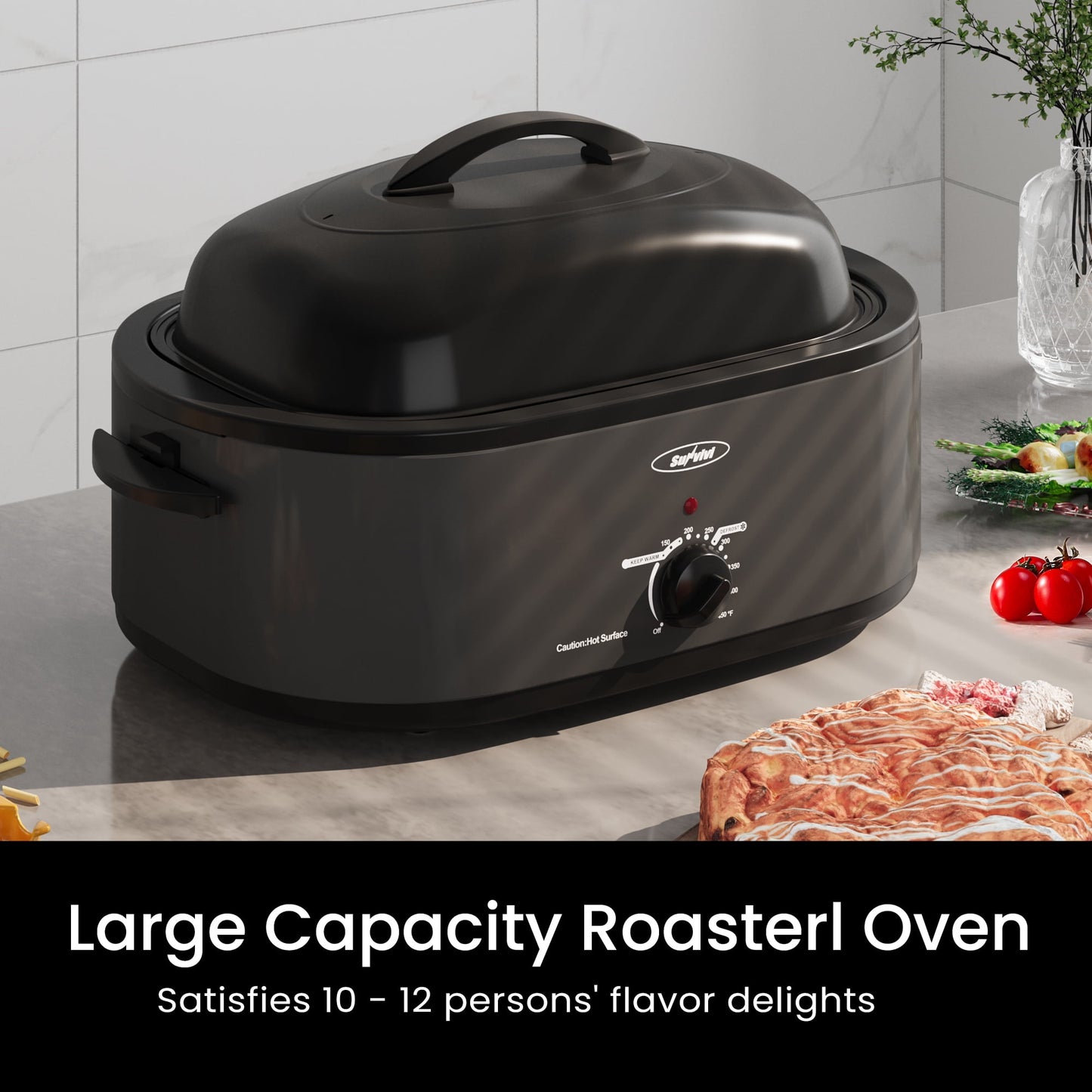 Sunvivi Roaster Oven with Self-Basting Lid, 20qt Electric Roaster with Removable Pan & Rack, Turkey Roaster Oven with Defrost & Warm Function, Stainless Steel, Grey