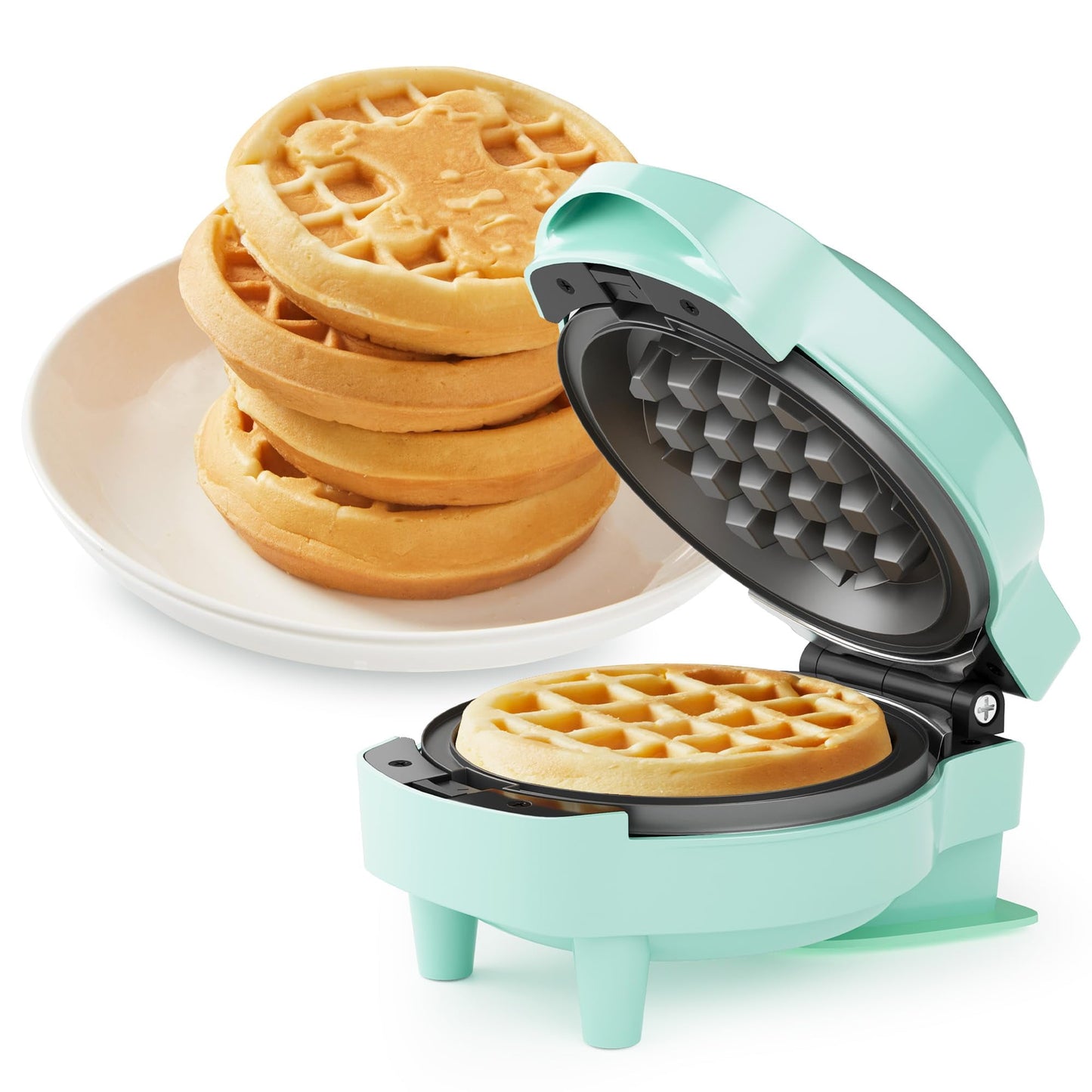 Sunvivi 6 in1 Mini Waffle Maker, 4¡± Waffle Iron with Removable Non-stick Plates, Perfect Mini Waffle Maker for Kids and Families, Light Blue