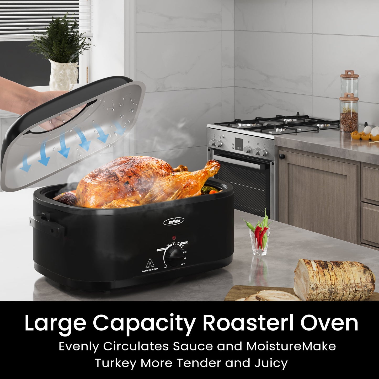 Sunvivi 8Qt Electric Rotisserie Roaster Oven - Large Capacity for Turkey/Chicken | Even Heating for Family Dinners, Holidays