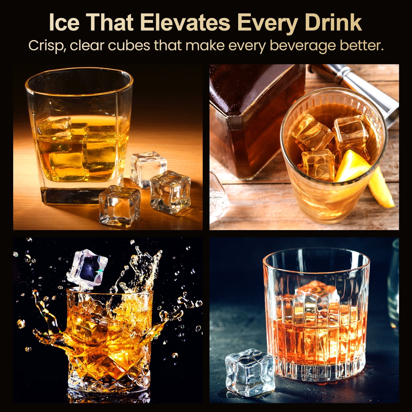 Sunvivi Clear Ice Maker for Home ¨C Compact Countertop Ice Machine with 1.6" Square Ice Cubes, Self-Cleaning, LED Light & Timer, Portable Electric Ice Maker for Kitchen, Bar, RV, Black