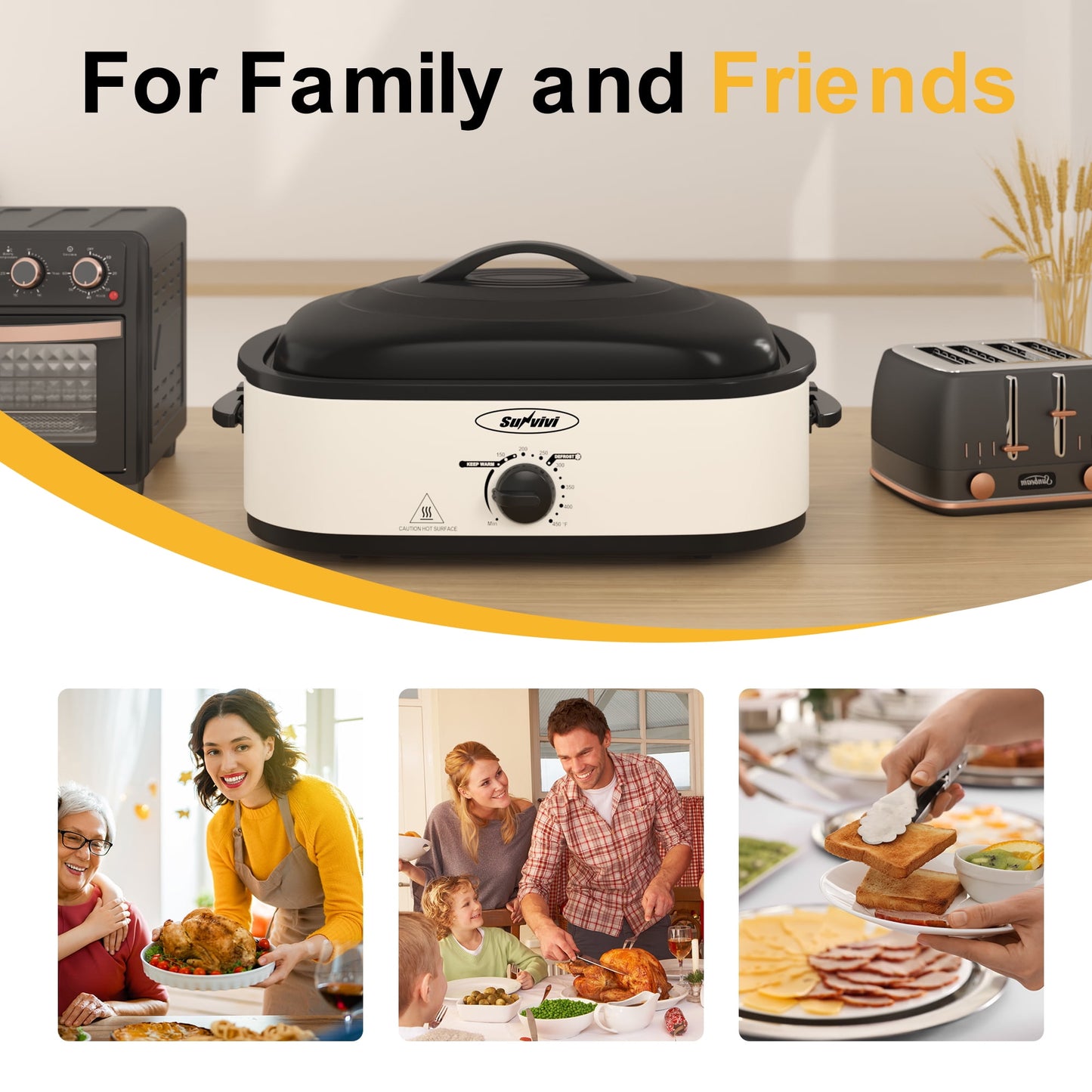 Sunvivi Roaster Oven with Self-Basting Lid, 14qt Electric Roaster with Removable Pan & Rack, Turkey Roaster Oven with Defrost & Warm Function, Stainless Steel, White
