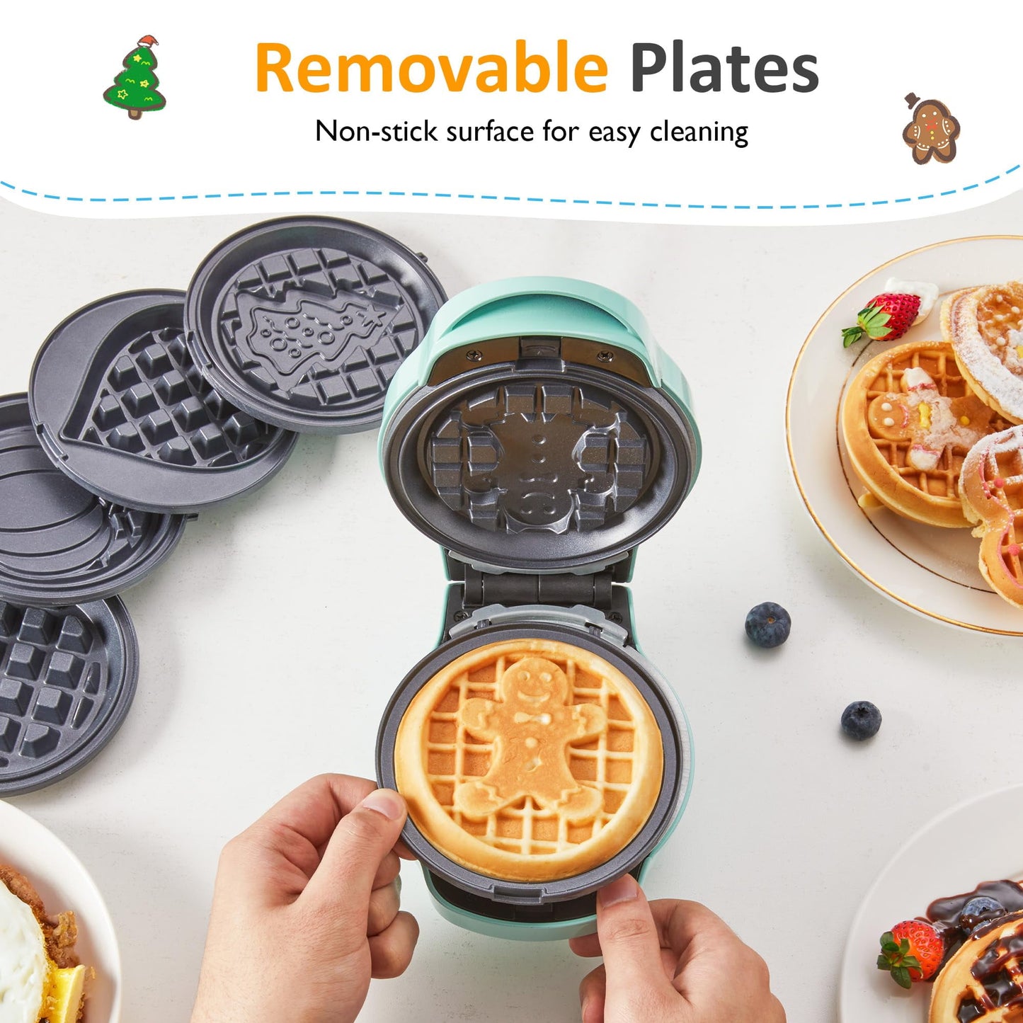 Sunvivi 6 in1 Mini Waffle Maker, 4¡± Waffle Iron with Removable Non-stick Plates, Perfect Mini Waffle Maker for Kids and Families, Light Blue