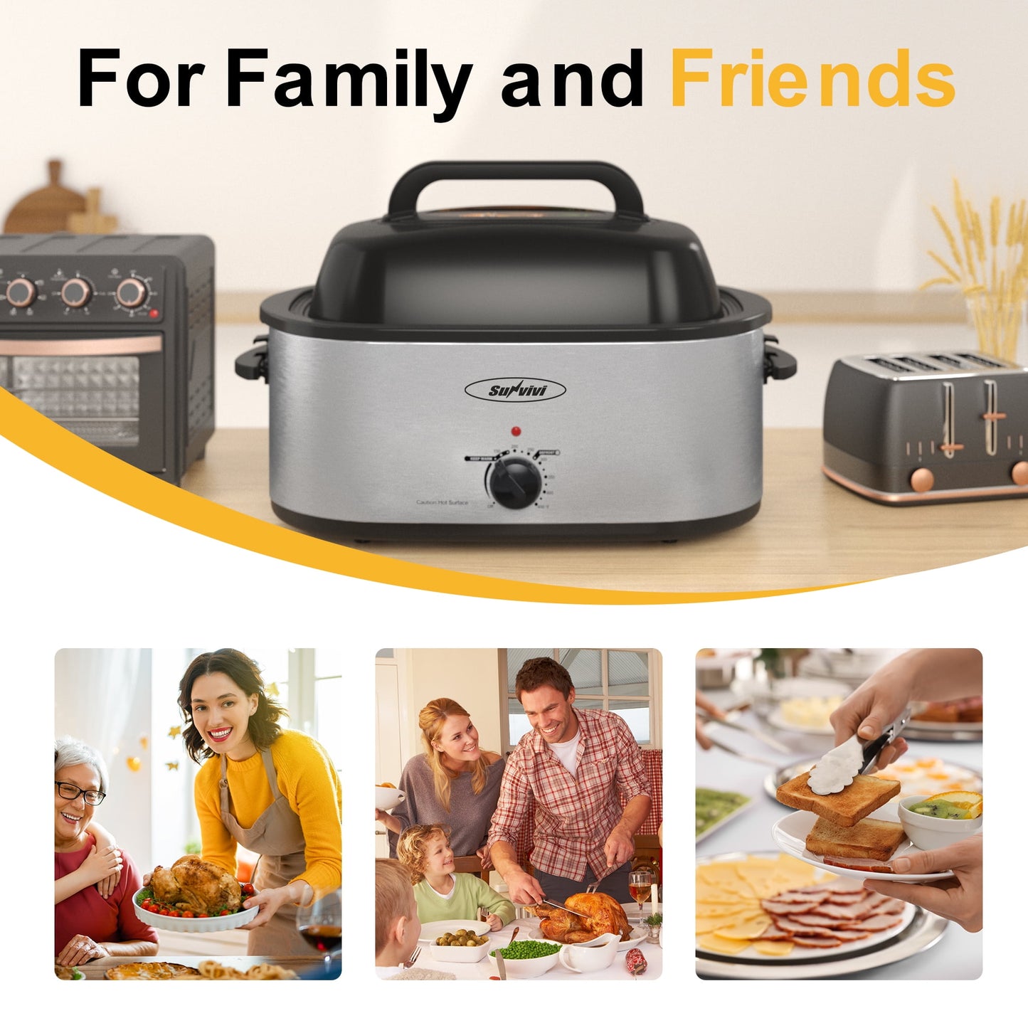 Sunvivi 20 Quart Electric Turkey Roaster Oven with Visible Glass Lid,Removable Pan & Rack, Stainless Steel,Silver
